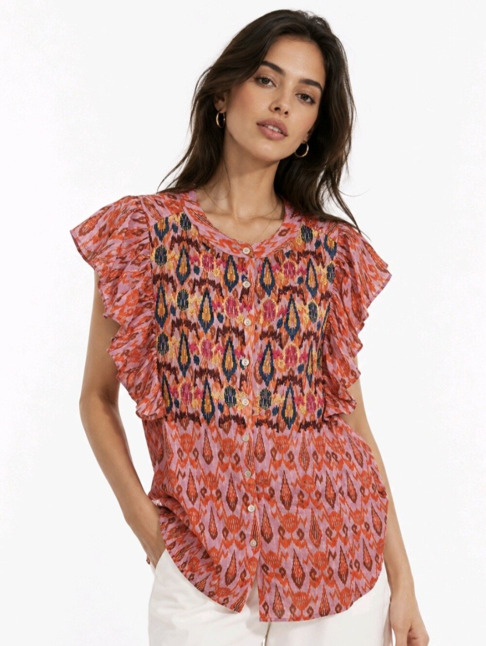 Figue Blouse Pink Orange Ikat Beaded Embroidered Size XS